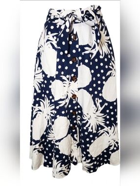 Ann Taylor Navy and White Pineapple Print Skater Skirt with Front Buttons